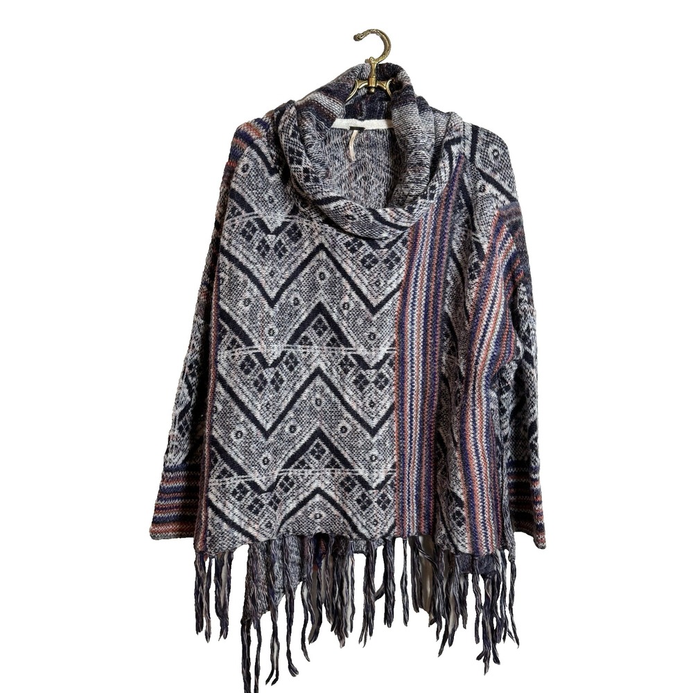 Free People Be The One Poncho In Sunset Sz M Cowl Neck Fringe‎ Wool Alpaca Blend